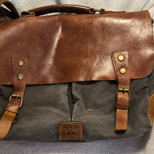 Distressed Genuine Leather & Canvas Handled Crossbody Messenger Bag Gray & Brown